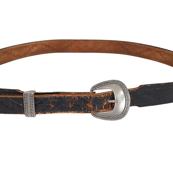 Vintage 90s Tooled Leather Belt Black Distressed Mens 40 Western Wear Boho Aztec - Picture 5 of 8